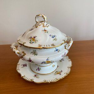 Antique Cauldon Ware Lidded Dish and Plate Hand Painted with Flowers